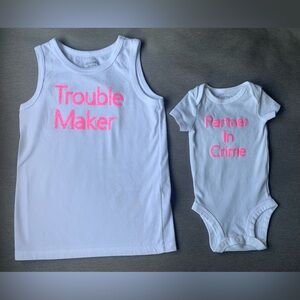 4T tank top -troublemaker    Newborn onesie -partner in crime